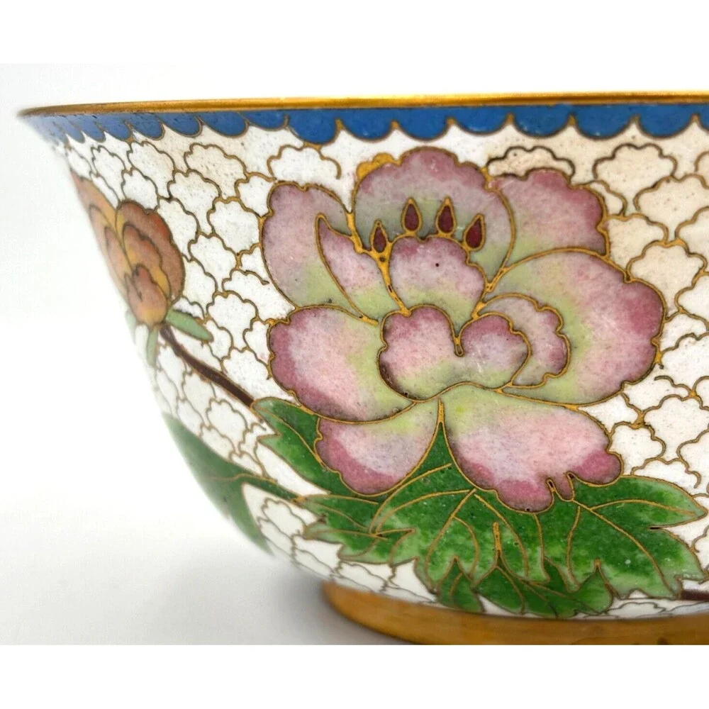 Vintage Chinese Cloisonné Enamel on Bronze Lidded Bowl Trinket Dish‎ Floral Teal